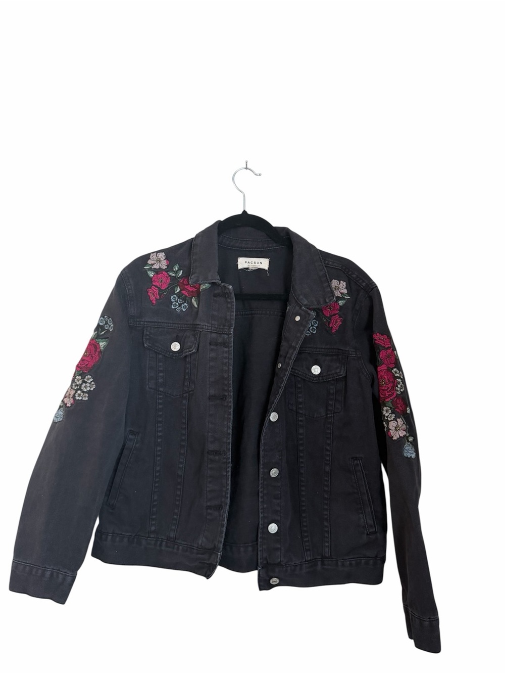 PacSun Black Denim Jacket with Pink & Green Floral Embroidery